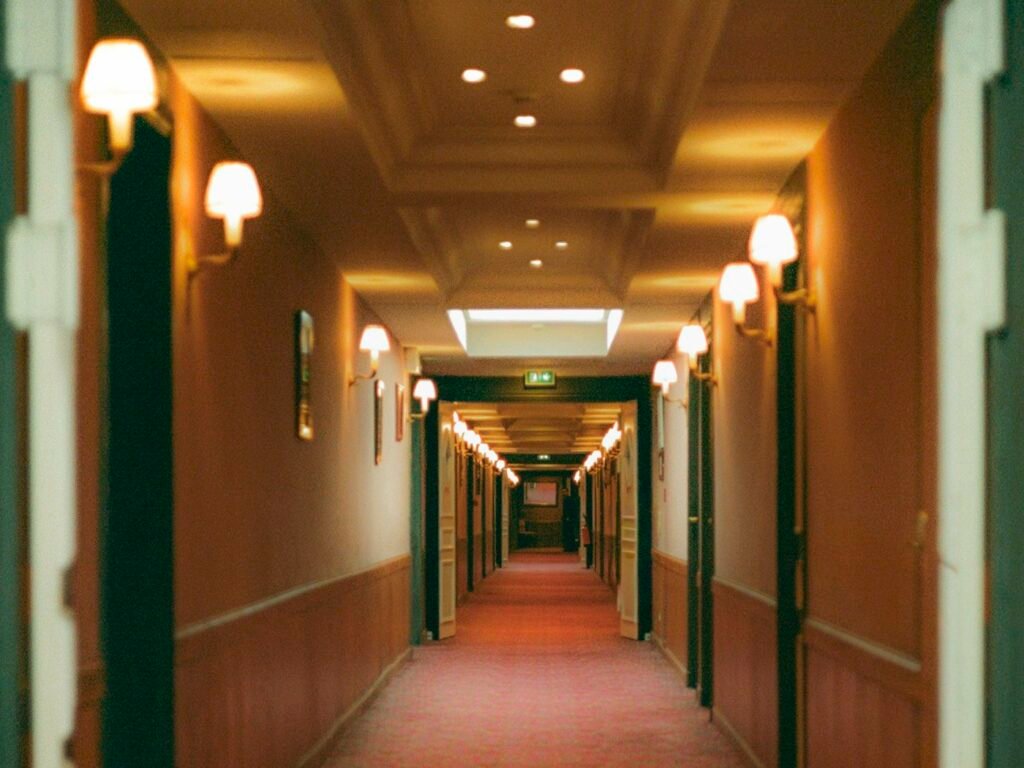 Hotel corridor with red carpet