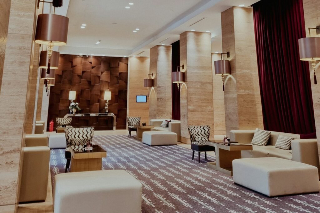Hotel lounge with chandeliers