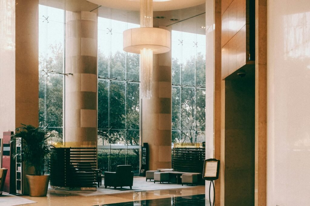 Hotel lobby with ring pendant lights