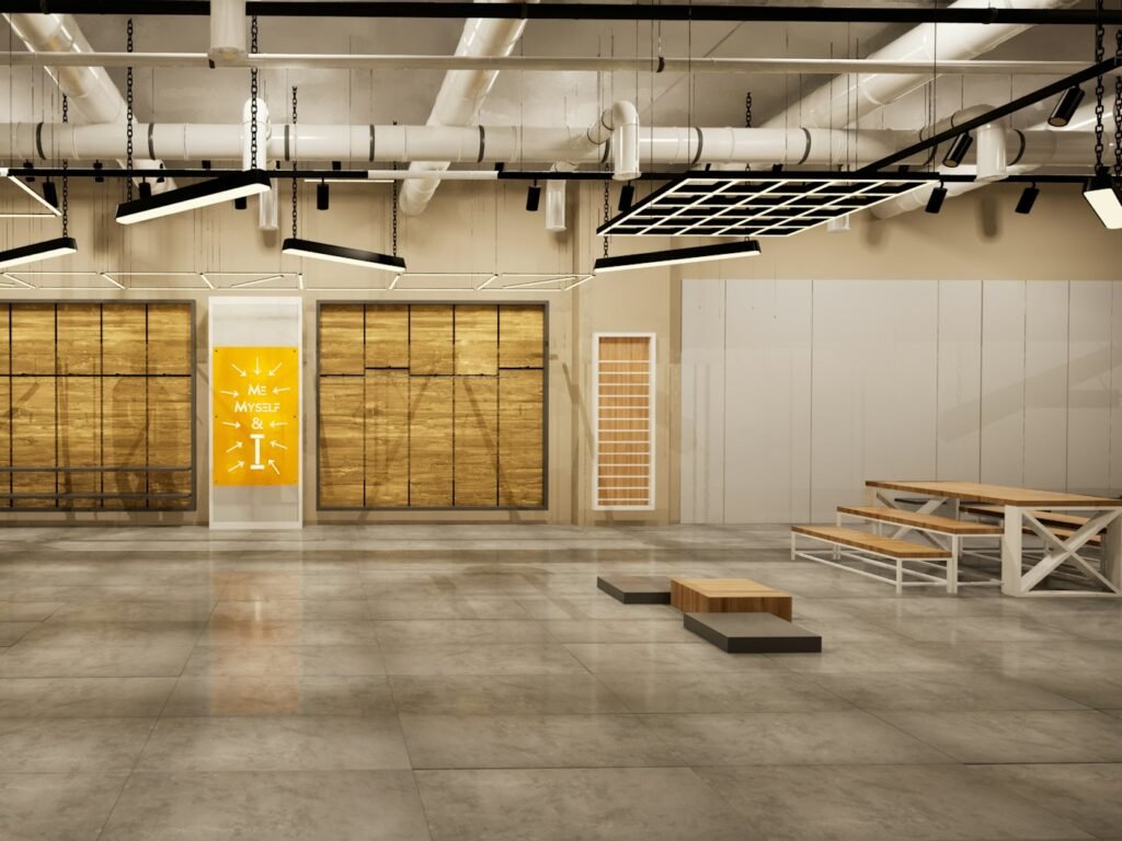 Open interior with a stone-look floor