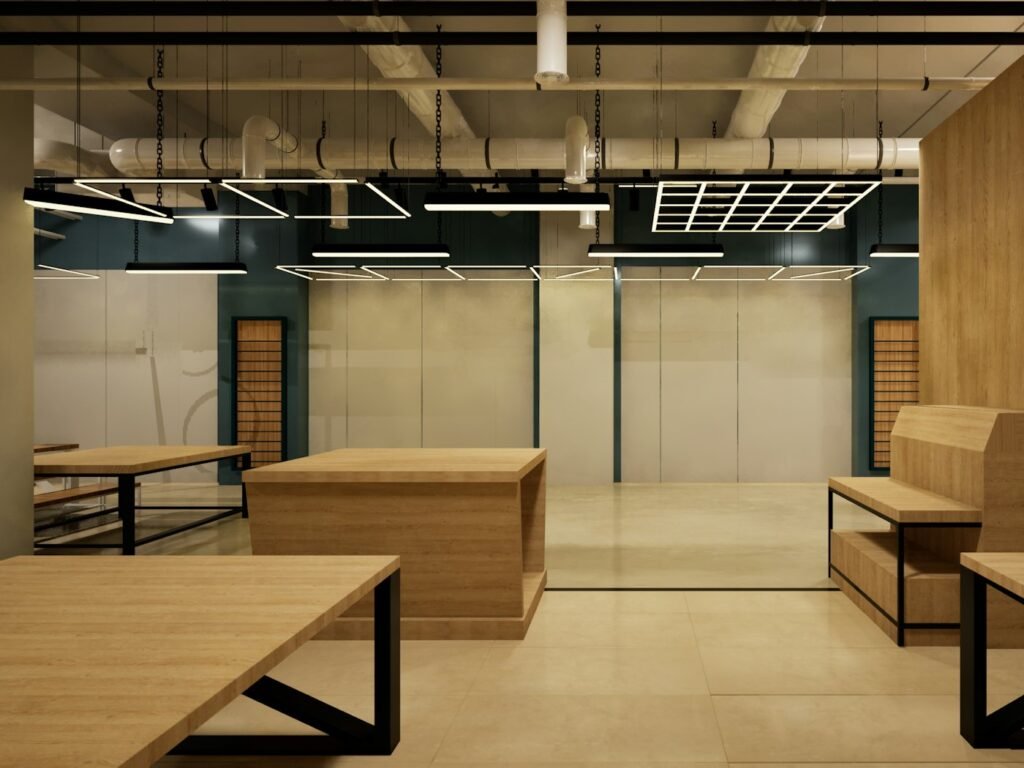 Studio interior with timber furniture and concrete walls