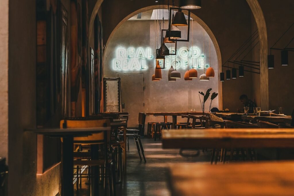 Bright restaurant with rattan pendants